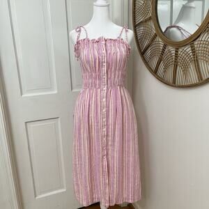 Universal Threads‎ pink linen striped smocked waist tie shoulder dress small NEW
